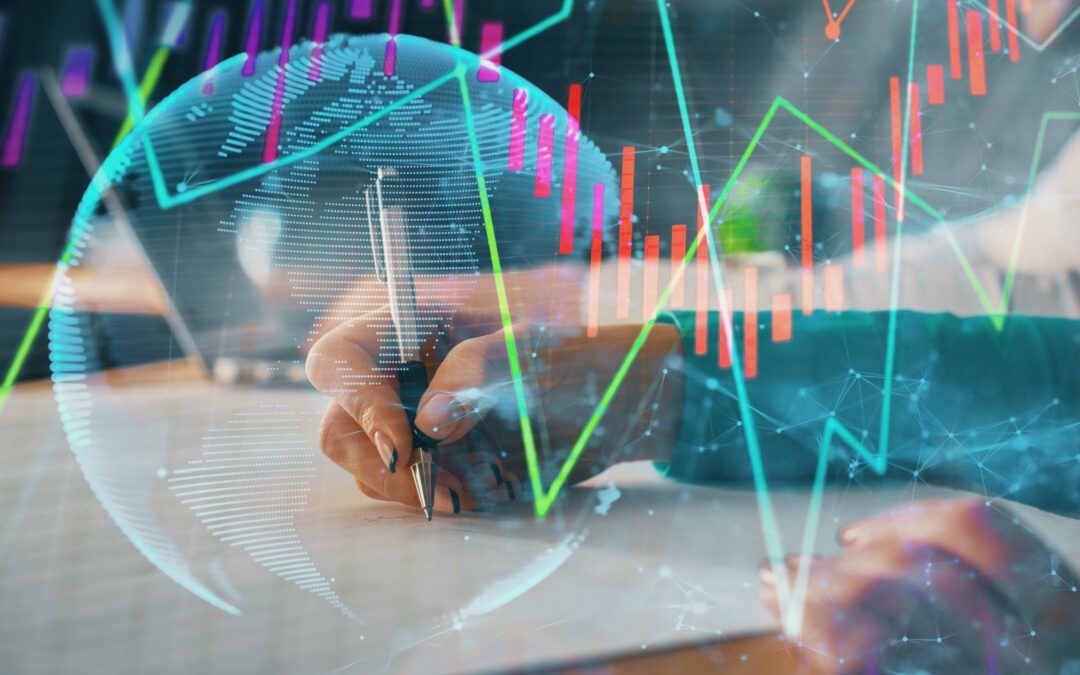 a woman writing with an image of a financial chart on top